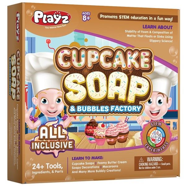 Playz Cupcake Soap & Bubbles DIY Science Kit - Fun STEM Gift for Age 8, 9, 10, 11, 12 Year Old Girls and Boys - Educational Arts and Crafts for Kids with 24+ Tools to Make Dessert Soaps You Can Use