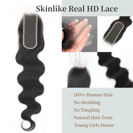 2x6 SKINLIKE Real HD Lace Closure Body Wave Human Hair Closure 0.095mm Ultra-thin Invisible Lace Closure Pre Plucked Single Knot 12 Inch