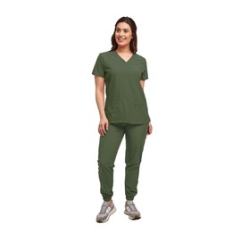 JDM Uniforms Womens 7 Pocket Scrub Set V-Neck Top and Jogger Pant Medical Nursing Uniform-Olive-Small