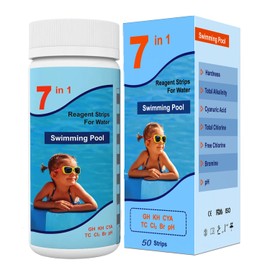 AKSBTEC Pool Test Strips 7 in 1, Pack of 50 Pool Water Tester Simple Test Strips for Pool pH and Chlorine, Cyanuric Acid, Bromine and More Pool Tester Pool Accessories for Swimming Pools, Spa, Jacuzzi
