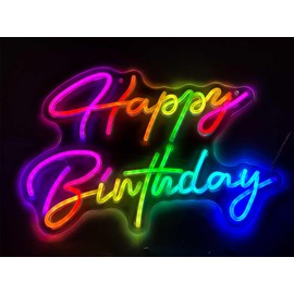 Smart RGB & Color Flow Effect Happy Birthday LED Neon Sign with Remote & App Control Music Sync Timer Setting LED Acrylic Light for Wall Party Décor Bedroom Bar Wedding Home Birthday USB Powered