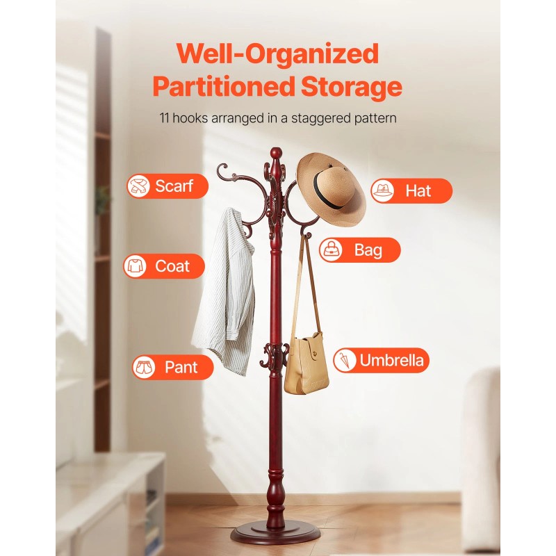 VEVOR Freestanding Coat Rack Wooden Coat Tree with Stable Large