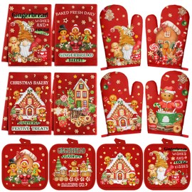 SiliFine 12 Pcs Christmas Kitchen Towels Pot Holders and Oven Mitts Set 4 Gingerbread Man Dish Towels 4 Gingerbread House Oven Mitts 4 Candy Pot Holders for Xmas Home Cooking Dish Baking Decorative