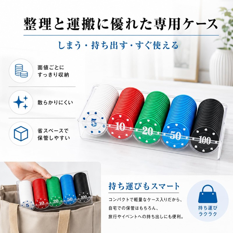 ポーカーチップ カジノチップ 100枚セット 5種類 数字刻印あり セット 専用収納ケース付 プラスチック テキサスホールデム ホーム