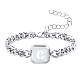 Initial Bracelet Silver Squre A-Z Letter Cuban Link Chain Mens Bracelets Adjustable Size Stainless Steel Men Jewelry Gifts for Husband Dad Brother Son(Sliver C)