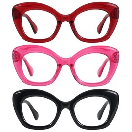 JiSoo Cat Eye Readers for Women Oversized Cat Eye Reading Glasses Designer Cute Cheaters, Black+Red+Pink