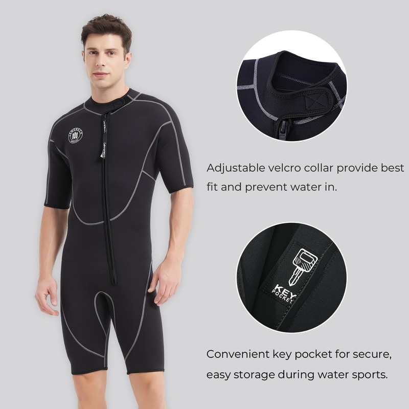 Lemorecn Wetsuits Mens Front Zip Neoprene 3mm Shorty Diving Suit(CA3016black-XL)