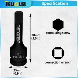JEUCLEL 2Pcs 10mm Hex Impact Bit Socket, H10 1/2-Inch Impact Drive Allen Socket, Cr-Mo Steel Lengthen Hex Screwdriver Adapter for Electric Ratchet Wrenches Fastening Screws