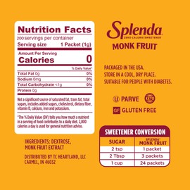 SPLENDA Monk Fruit Zero Calorie Plant Based Sweetener Substitute, Keto Sugar Alternative (200 Count)