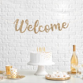 Pre-Strung Welcome Banner - NO DIY - Gold Glitter Welcome Banner in Script - Pre-Strung on 6 ft Strand - Classroom, Office, Front Door, Baby & Bridal Showers Party Decorations. Did we mention no DIY?
