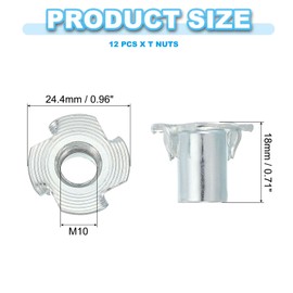 PATIKIL M10 T-Nuts, 12 Pcs Zinc Plated Steel 4-Pronged Tee Blind Nut 18 mm Length Four-jaw t Nuts Threaded Inserts Hardware for Wood Furniture Cabinetry Rock Climbing Holds