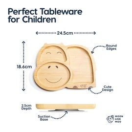 Moon and Moo Hippo Bamboo Suction Plate for Kids, Toddlers and Baby Weaning - Non-Toxic – Plastic Free - Stay Put - Baby Suction Plate - Baby Weaning Set
