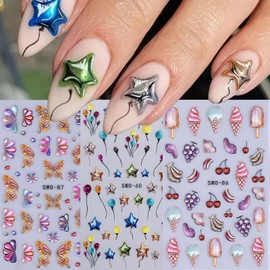 5D Embossed Nail Art Stickers Decals Flower Butterfly Nail Decals 3Pcs Summer Fruit Ice Cream Nail Art Supplies Colorful Round Star Balloons Nails Design Stickers Cute Spring Summer Nail Accessories