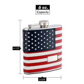 Faux Leather Hip Flask Holding 6 oz - Stitched American Flag Design - Pocket Size, Stainless Steel, Rustproof, Screw-On Cap - Blue, Red and White Finish Perfect for Engraving