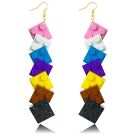 INLOLLY Funny Free Combination Toy Bricks Earrings for Women Girls, Colorful Acrylic Building Block Drop Dangle Earrings, Unisex Pride Earrings Rainbow Jewelry Outfits Accessories Gifts