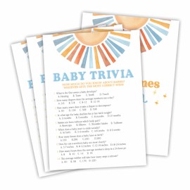 Sunshine Baby Trivia Shower Game Kit - Retro Here Comes The Sun - 30 Fill In Game Cards & 1 Answer Card For Baby Shower, Gender Reveal Party Favor, Activity & Supplies - D07