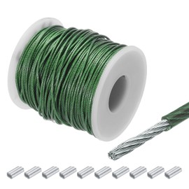QUARKZMAN Wire Rope Stainless Steel 50 m x 1.2 mm Steel Cable PVC Coated with 10 Aluminium Sleeves Safety Wire Hanging Wire Wire Cable Washing Line for Pictures Outdoor Fence Curtains, Green