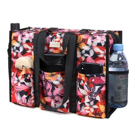 TOPDesign Utility Water Resistant Tote Bag with 13 Pockets, Top Zipper Closure & Thick Bottom Support, for Working Women, Five Petal Flower, Medium, Classic