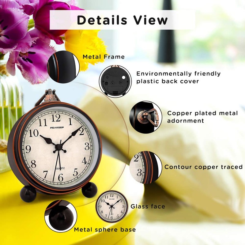 Peakeep 4" Small Battery Operated Antique Retro Analog Alarm Clock