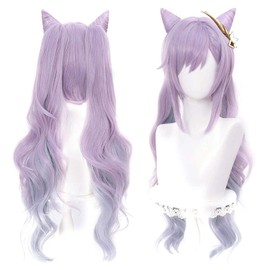 SL Purple Keqing Cosplay Wig with Horns Pigtails Game Anime Pastel Cosplay Hair Wigs with Twin Ponytails + Cap Long