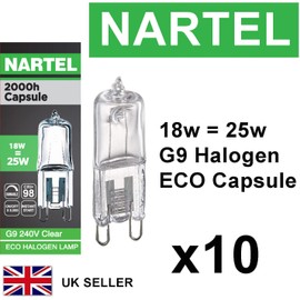 Nartel Pack of 10 x G9 18w=25w 240V Dimmable 210 Lumen C Rated Safety Fused Eco Halogen Clear Bulbs Lamps Capsules (18W = 25W)