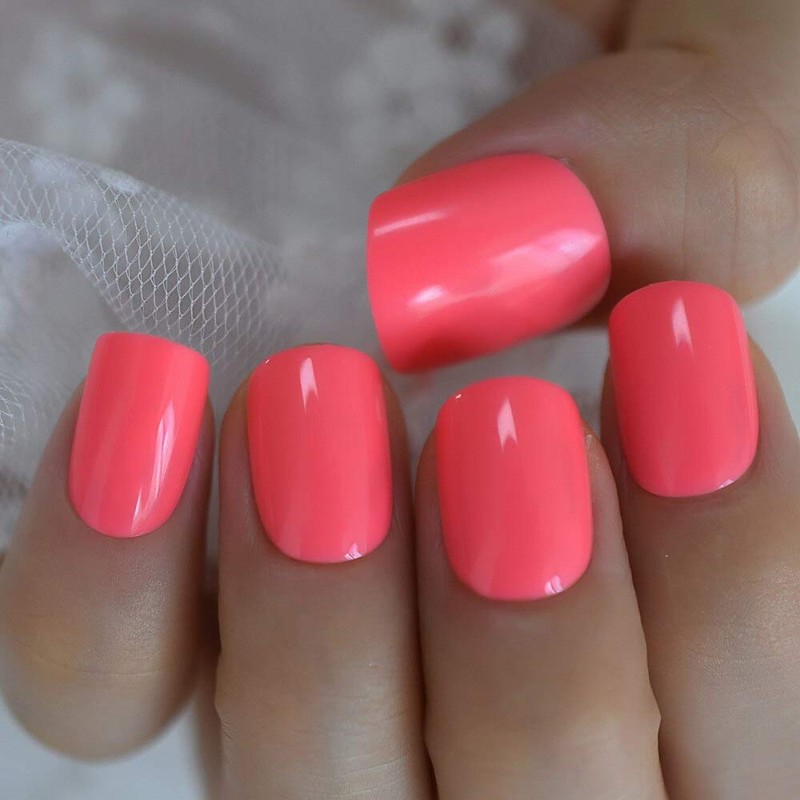 Neon Short Nails Summer Color Fake Nails Deep Pink Ladies