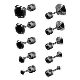 Lasidor 5 Pairs Titanium Black Zircon Stainless Steel Stud Earring Hypoallergenic Screw Back Earrings Double Side Piercing Earrings Gifts for Women Men