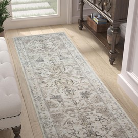 jinchan Runner Rug 2x5 Machine Washable Hallway - Vintage Floral Non-Slip Low-Pile Soft Ultra-Thin Kitchen Rug Distressed Carpet Runner for Farmhouse Bedroom Entryway Laundry Room(2x5ft,Taupe)