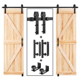 EaseLife 8 FT Double Sliding Barn Door Track and Handle Hardware Kit,Heavy Duty,Basic J Pulley,Slide Smoothly Quietly,Easy Install (8FT Track Kit for 20"~24" Wide Double Door)