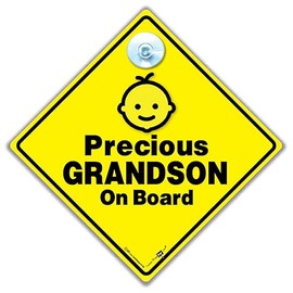 Precious Grandson On Board Car Sign, Grandson On Board Sign, Baby On Board Sign, Suction Cup Child in Car Sign 14 cm x 14cm x 2cm