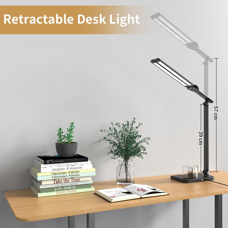 Desk Lamp, Dual Head, Height Adjustable, Dimmable Bedside Lamp with