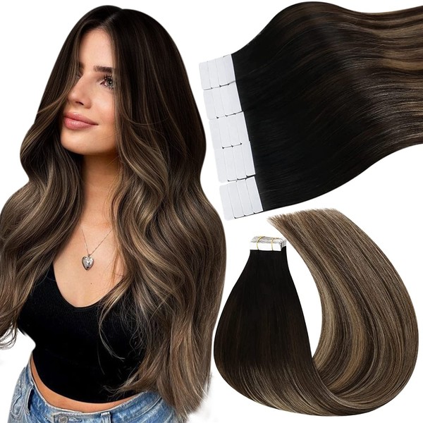 Ugeat 35 cm Tape-in Extensions Human Hair Balayage Tape-in Real Hair Extensions 50 g, 20 pieces Black to Dark Brown and Caramel Blonde 1B/4/27