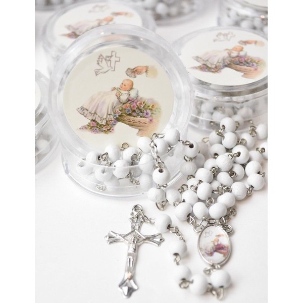 12 pcs White Scented Wooden Rosaries Baby Baptism Party Favors Recuerdos Rosario With Case