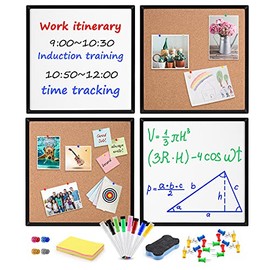 Cork Bulletin Board and Magnetic Dry Erase White Board for Wall, 4-Pack 12" X 12" Square Tiles with Black Framed Combination Boardâ¦