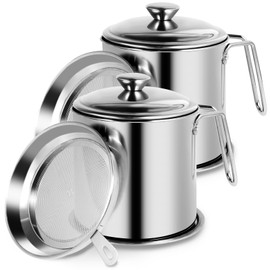 2PCS Oil Strainer Pot 1.8L Stainless Steel Oil Storage Can with Strainer and Dust-Proof Lid Reusable Grease Saver Wide Mouth Oil Filter Pot for Storing Frying Oil and Cooking Grease