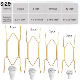 WADY Plate Hangers for Walls, 8Pcs Stainless Steel Decorative Wire Plate Holders, 6/8/10/12In Stainless Steel W-Shaped Gold Plate Hooks Vertical Dish Holder Display Wall Mount for Antique Arts Plates