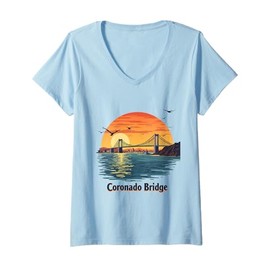 Womens Coronado Bridge Sunset Seascape Art V-Neck T-Shirt