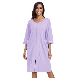 COLORFULLEAF Women's Bathrobe with Zip Dressing Gown Cotton Lightweight 3/4 Sleeves Sauna Gown with Pockets XS - 2XL, purple