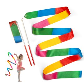Novelty Place 2 Pcs Rainbow Dance Ribbons Streamers, 6.7Ft Multi Colors Kids' Gymnastics Ribbon Wands - Perfect Rhythm Sticks for Talent Shows, Artistic Dancing, Baton Twirling