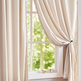 Pom-Pom Cream Velvet Curtains for Living Room 63inch Length Luxury Heavy Ivory Window Drapery for Bedroom Kids Children Room Rod Pocket 42" w x 2Panels