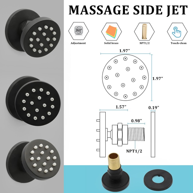 HOMEDEC 2inch Round Brass Shower Spa Massage Body Spray Wall