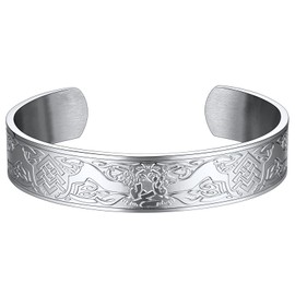 FaithHeart Viking Wolf Cuff Bracelet for Male Stainless Steel Punk Celtic Knot Norse Jewelry