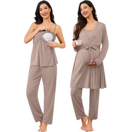 SWOMOG Maternity Nursing Robe Set 3 PCS Postpartum Pajamas Breastfeeding Labor Delivery with Robe & Camisole & Pants Ecru Large