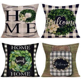 Fukeen Set of 4 Vintage Buffalo Check Plaids Pillow Covers Welcome Home Sweet Home Quote Wreath Rustic Farmhouse Decorative Throw Pillow Cases Cotton Linen Square 18x18 Inch Cushion Cover