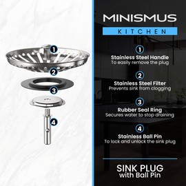 MINISMUS Universal Sink Strainer Basket Drain Plug Stainless Steel Sink Plug Sink Strainer - Strainer Plug Drain Kitchen Sink Drain Plug Kitchen Sink - Stainless Steel (84mm)
