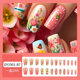 Spring Press on Nails Medium Colorful Fake Nails with Cute Flower and Butterfly Designs Glossy Pink Glue on Nails for Women Full Cover Floral Stick on False Nails for Woman Manicure Decorations 24Pcs