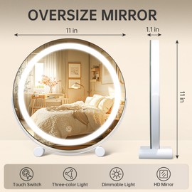 Hasipu Vanity Mirror with Lights, 11" x 11" LED Makeup Mirror, Lighted Makeup Mirror with Lights, Smart Touch Control 3 Colors Dimmable Mirror 360° Rotation White