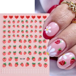 Strawberry Nail Art Stickers Decals 3D Cute Fruit Nail Decals Summer Strawberry Nail Art Decorations Supplies Sweet Red Heart Designs Summer Nails Adhesive Sliders for Women DIY Nail Salons