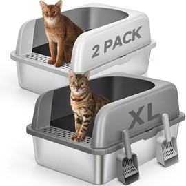 AUFYA 2 Pack Stainless Steel Cat Litter Box with Lid, XL Extra Large Metal Kitty Litter Box for Big Cats, 24" L x 16" W x 12" H, Enclosed Litter Box High Sided, Non-Sticky, Include Litter Scoop