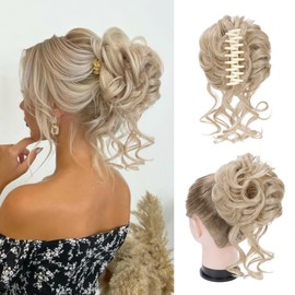 Foaoit Messy Bun Hair Piece Claw Clip Bun Hair Accessories for Women Messy Wavy Curly Hair Bun Extensions Short Tousled Updo Synthetic Hair Extensions（Light Ash Brown & Bleach Blonde